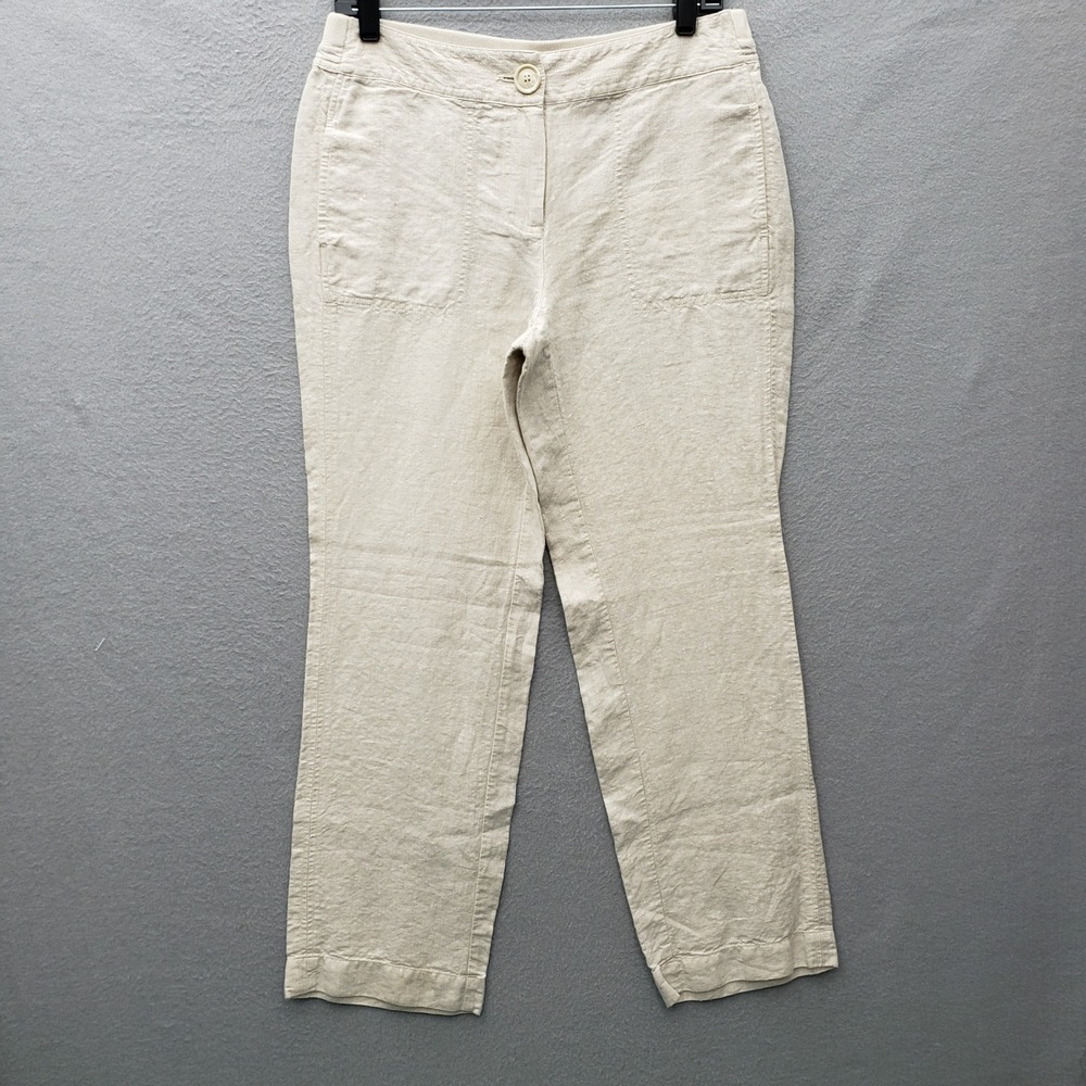 Chicos Straight Leg 100% Linen Pants Natural Cream Beige Coastal Capsule Staple